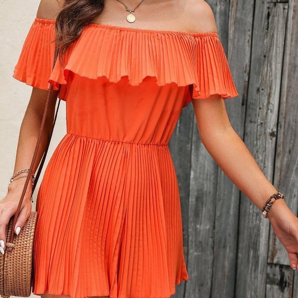 Contemporary Vacay Off Shoulder Ruffle Trim Pleated Detail Romper Orange - Picture 3 of 5